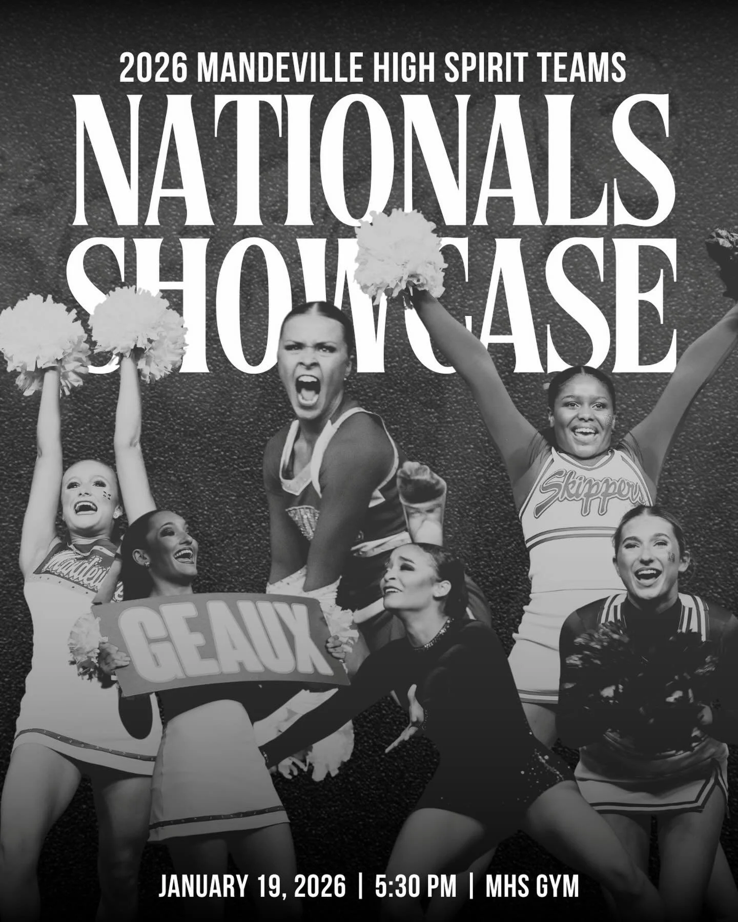 ✨NATIONALS SHOWCASE✨

Mandeville High Spirit Programs
📆 Monday, January 19th
📍 Mandeville High School Gym 
⏰ 5:30 PM
🎟️ FREE! 

Performances by:
* @mhs_spinnakers 
* @mhsskippercheer 
* @mhsmariners 
* @prancingpatriots 
* @mjheaglettes 
* @mandev