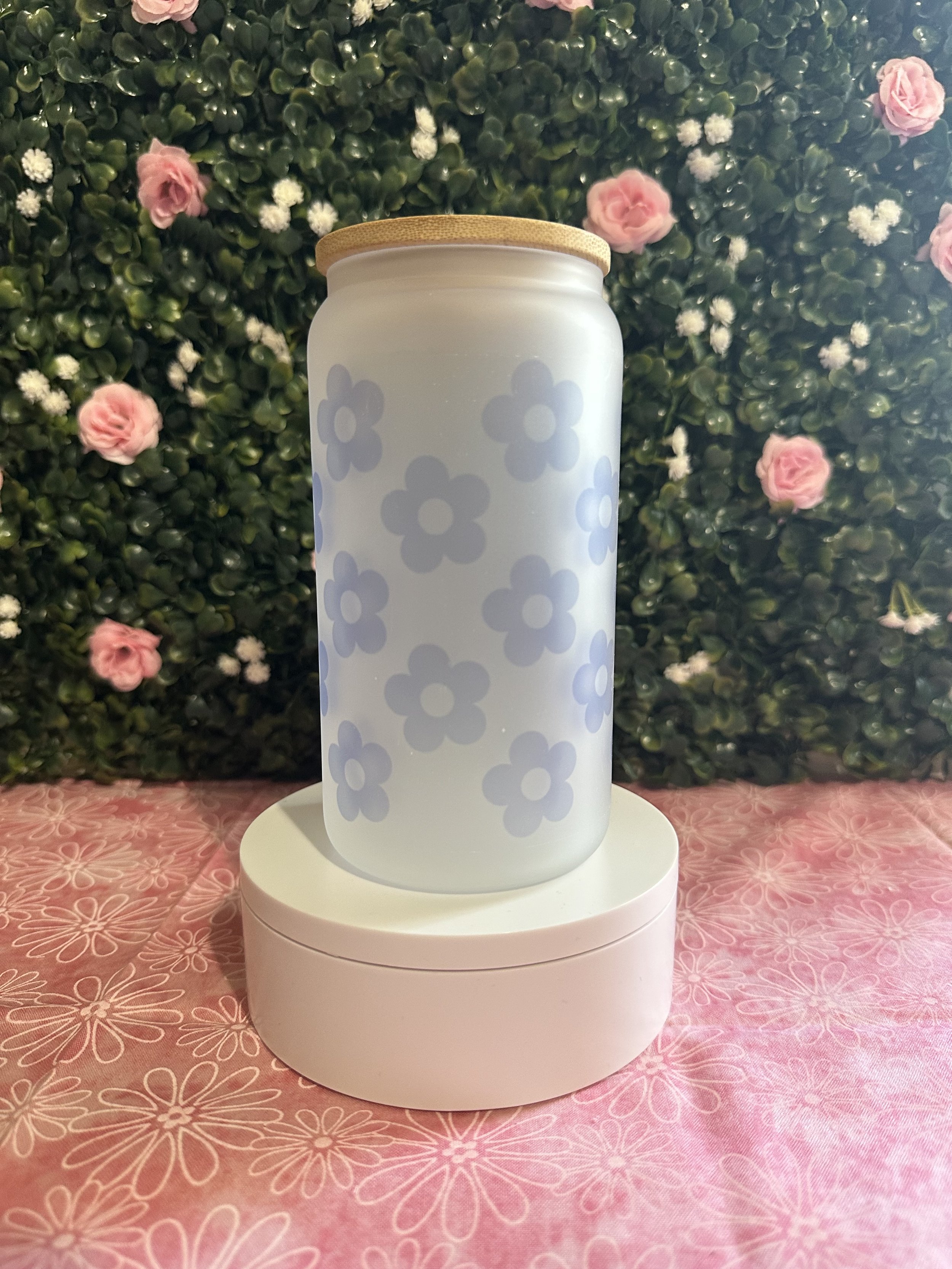 Baby Blue Flowers 16oz Glass Cup