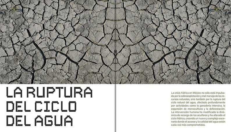 Cracked dry earth texture with text discussing water cycle disruption in Mexico.