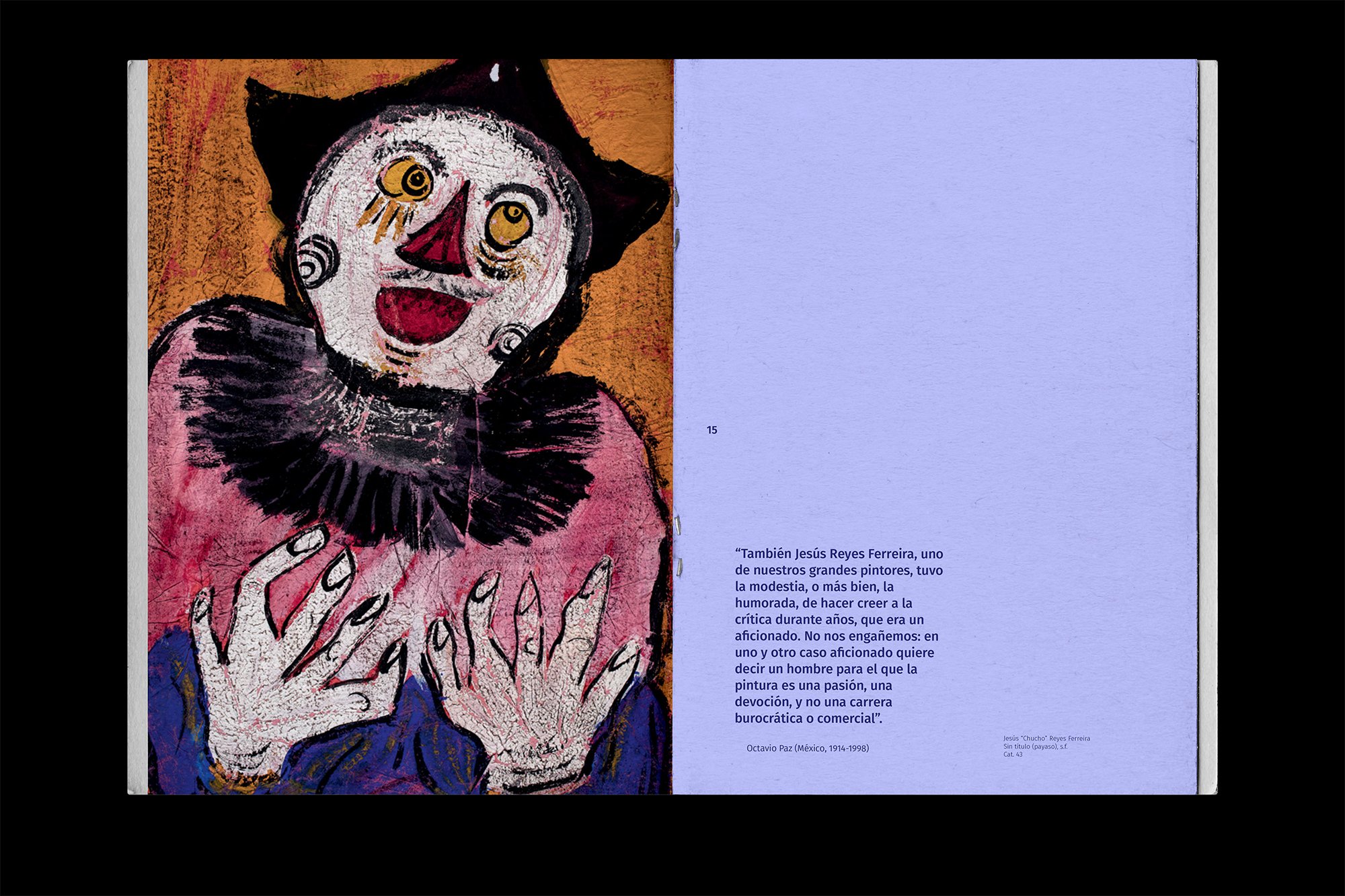 Artistic illustration of a clown with a painted face, large eyes, pointed hat, and expressive hands, accompanied by Spanish text on the opposite page. The text mentions Jesús Reyes Ferreira and Octavio Paz.