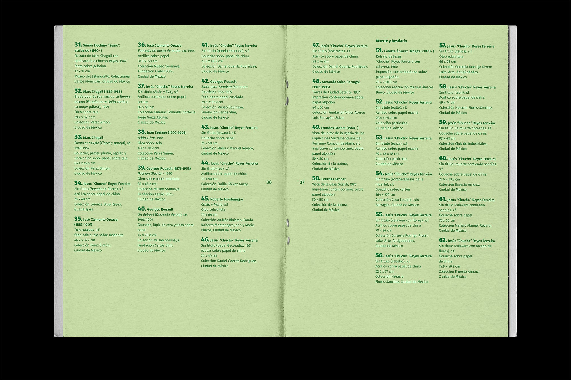 Green booklet pages with a list of art pieces, including titles, artists, and details in Spanish.
