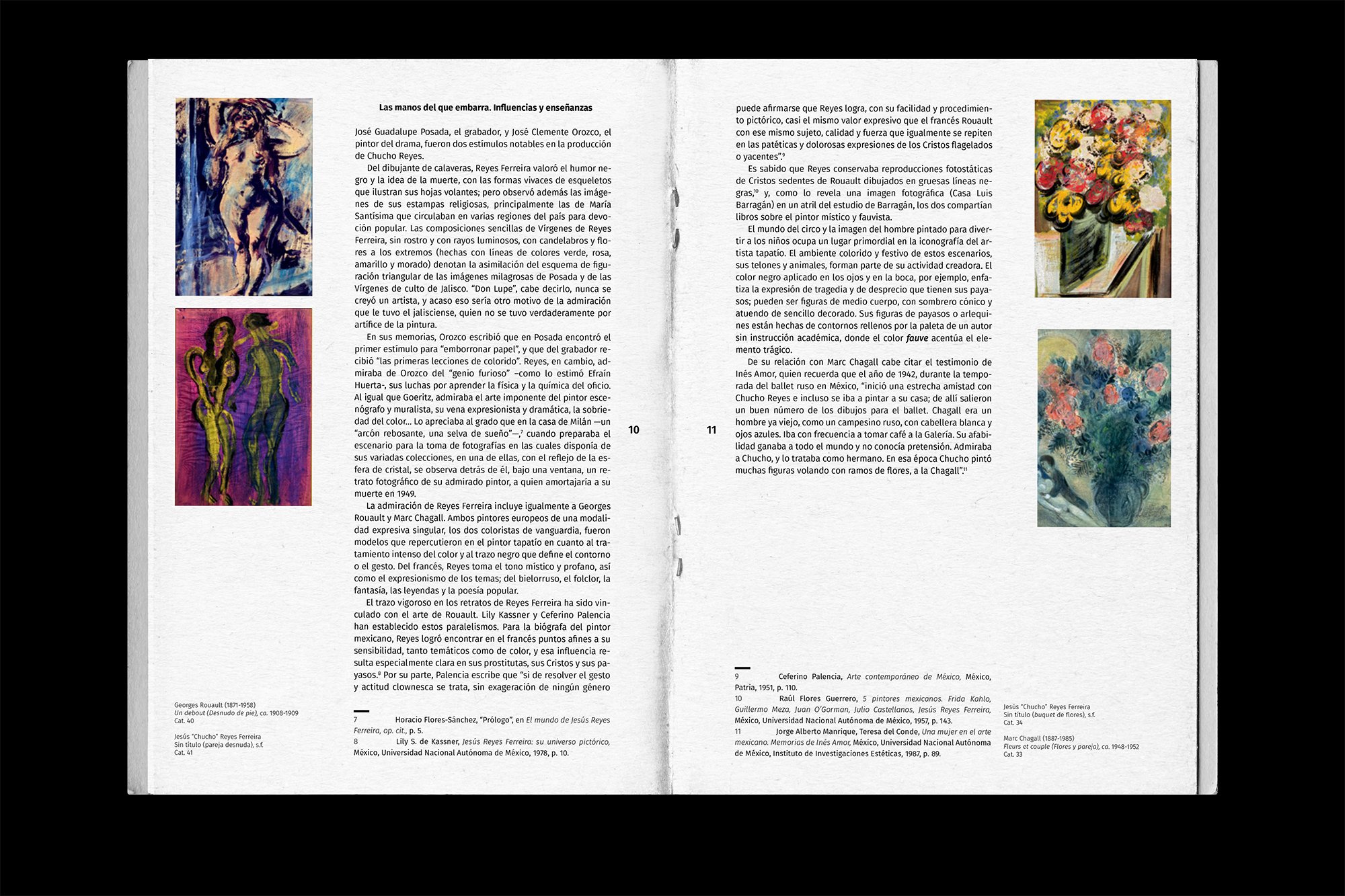 Book page with text and artwork, including floral arrangements and abstract figures by various artists.