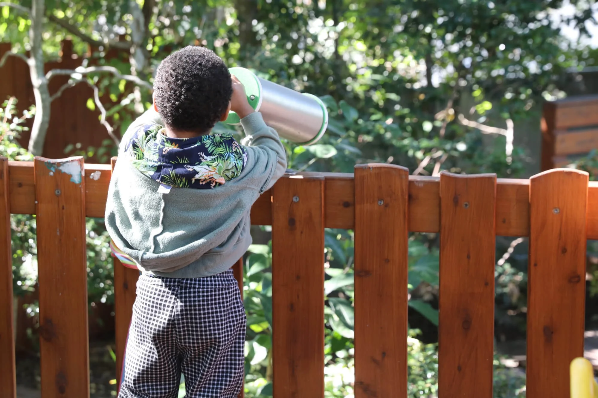 A young boy with curly hair wearing a gray hoodie with a floral hood and black and white checkered pants looks through a telescope over a wooden fence in a garden.