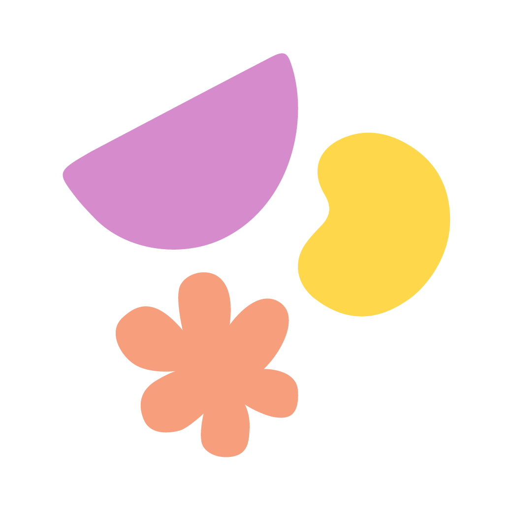 Abstract shapes in purple, yellow, peach, and a peach-colored flower shape.