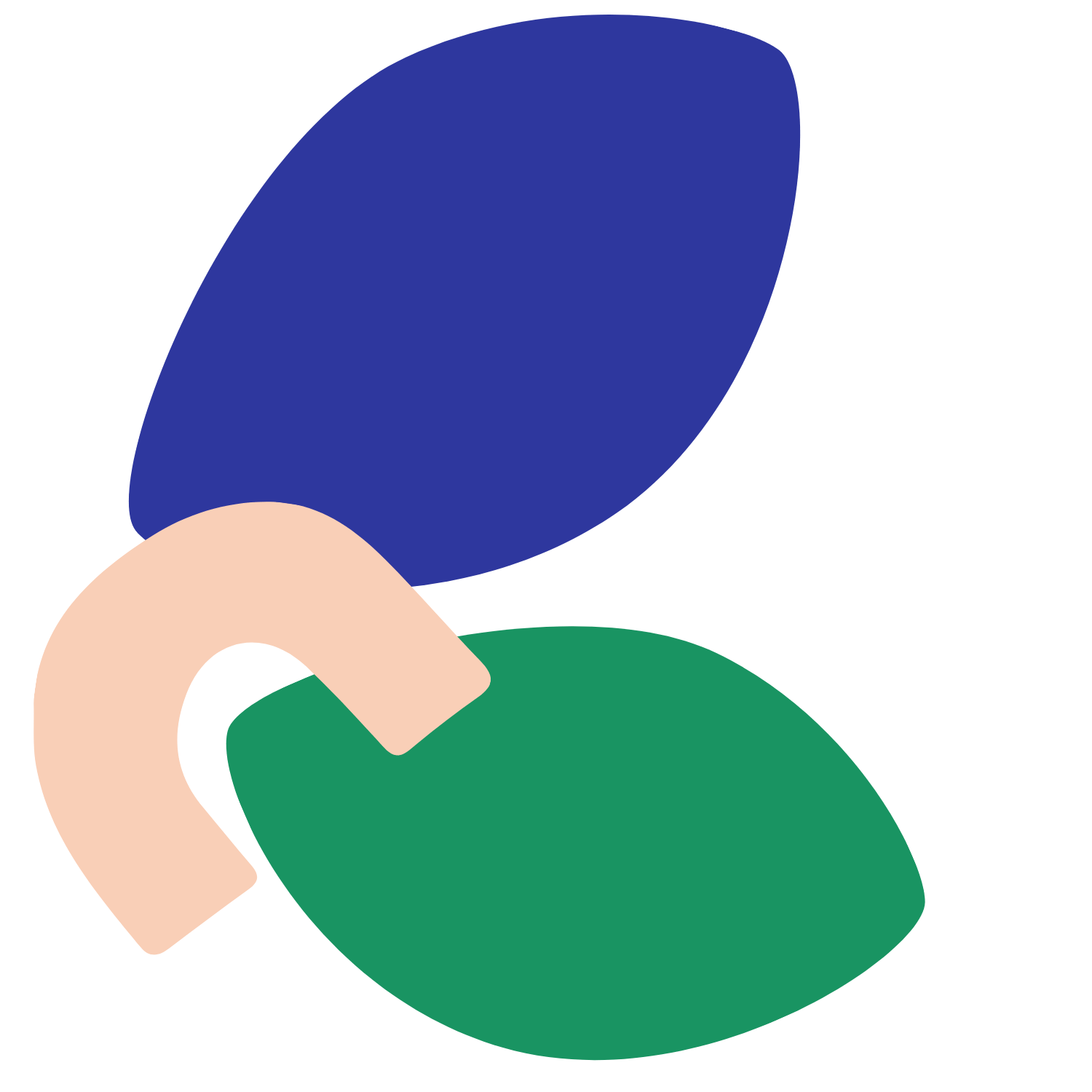 Abstract graphic of interconnected shapes in blue, green, and beige, overlapping on a black background.