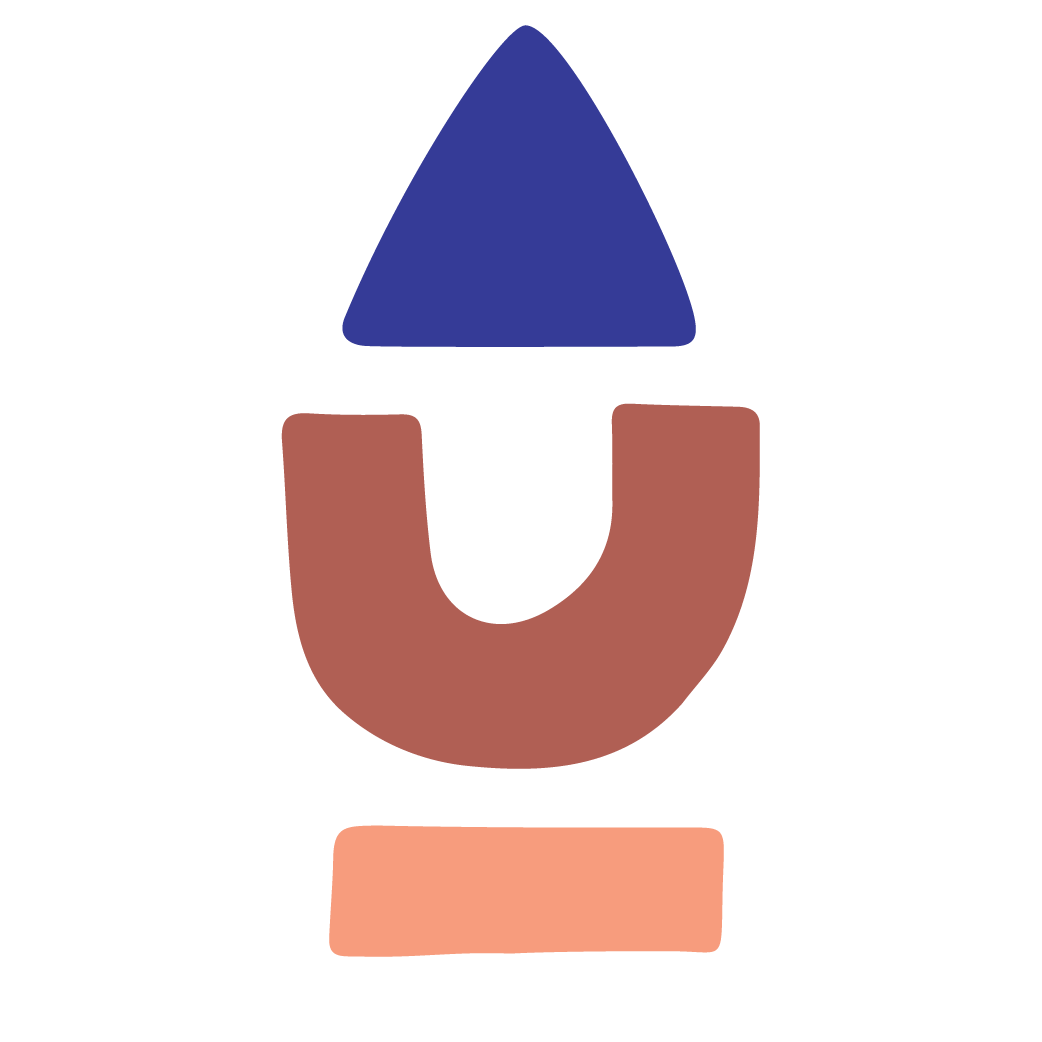 Abstract graphic depicting a blue triangle above a brown U-shape, with a pink rectangle below, all arranged vertically.