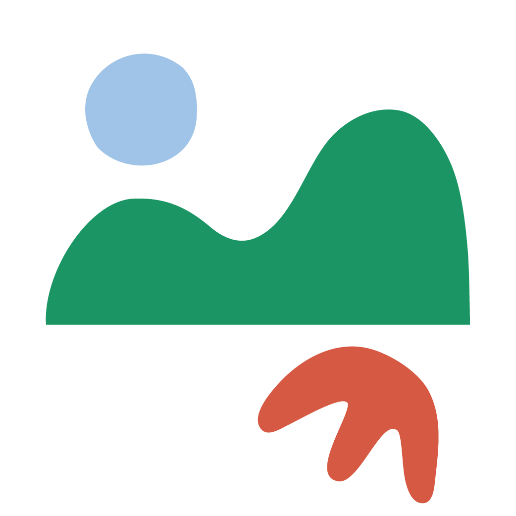 Abstract illustration with a light blue circle, a large green wave-like shape, and an orange arrow pointing downward.
