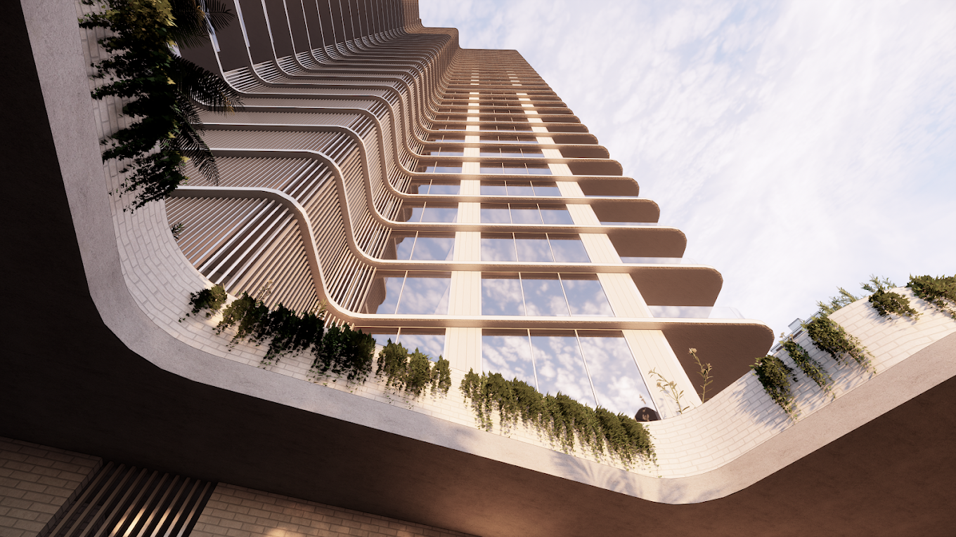 Low-angle view of a modern high-rise building with curved architectural design, glass windows, and balconies with greenery, set against a partly cloudy sky.