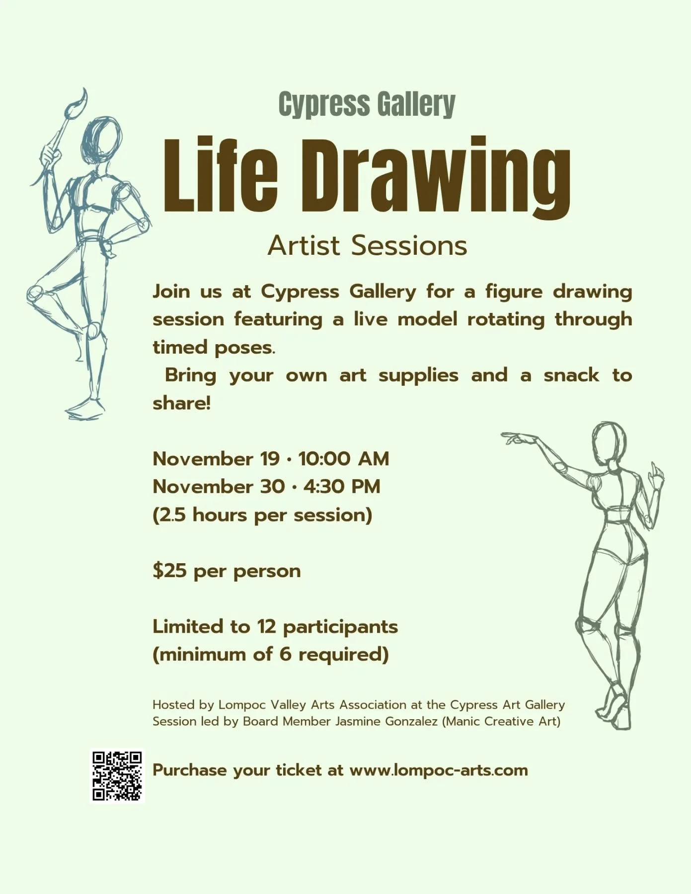 A really awesome opportunity for local artists who are looking to create. Head to @cypressgallerylompoc or lompoc-arts.com to sign up! We need six students to sign up to host the sessions! Spread the word--- no instructions. Timed model poses. Byo su