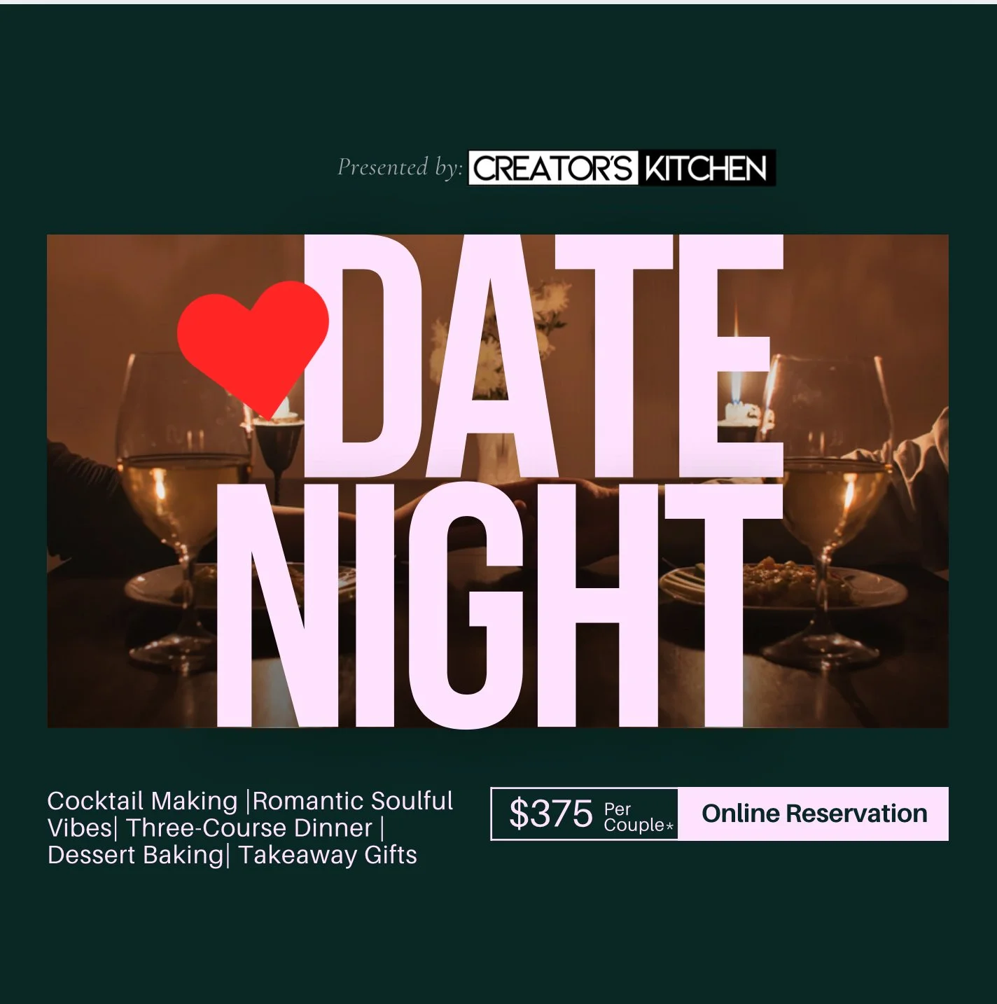 💌 A Taste of Love
A Private Three-Course Date Night at Creators Kitchen