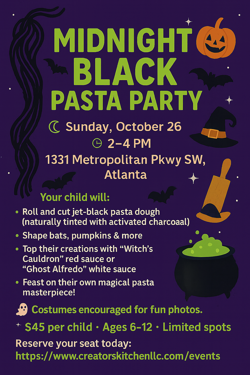 MIDNIGHT BLACK PASTA PARTY: Kids’ Halloween Cooking Class at Creator’s Kitchen