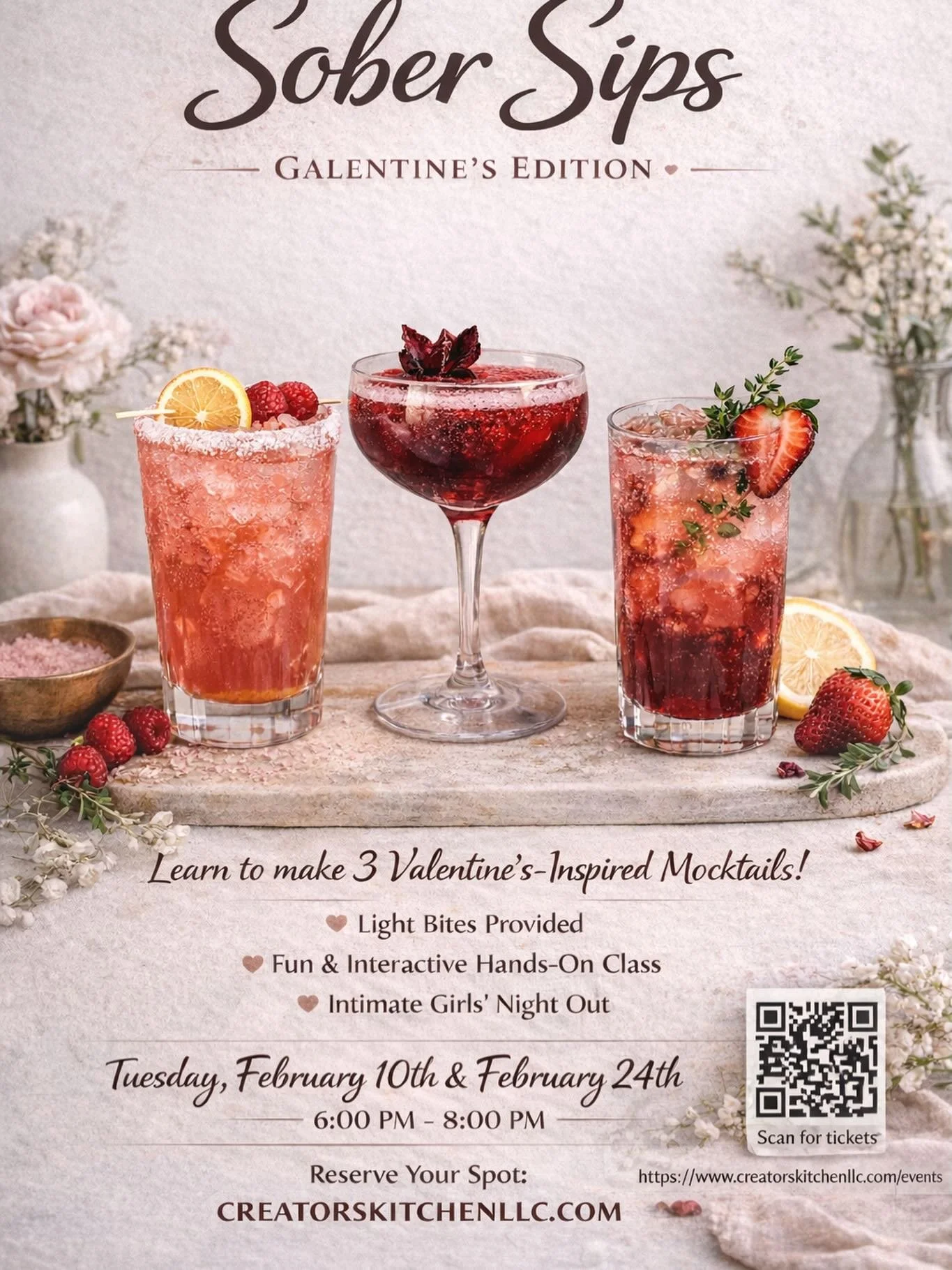 ✨ Calling all besties ✨
Sober doesn&rsquo;t mean boring &mdash; it means flavor, fun, and connection 💕

Join us for Sober Sips: Galentine&rsquo;s Edition, an intimate, hands-on mocktail experience where you&rsquo;ll learn to craft 3 Valentine&rsquo;