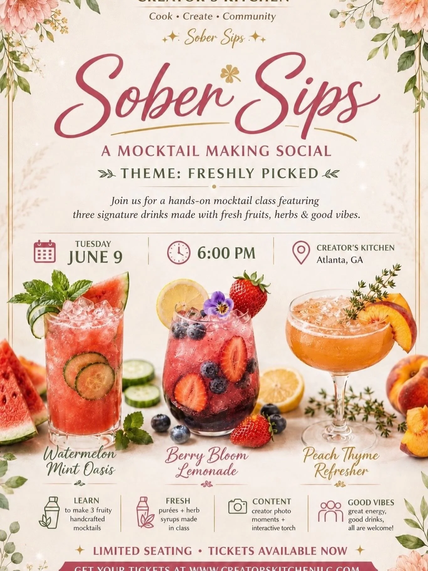 Fresh fruit. Good vibes. Beautiful people. 🍓🍉🍑✨

Join us for an elevated evening of handcrafted mocktails, creativity, and connection at Creator&rsquo;s Kitchen for our next Sober Sips experience &mdash; themed Freshly Picked. 🌿

We&rsquo;ll be c