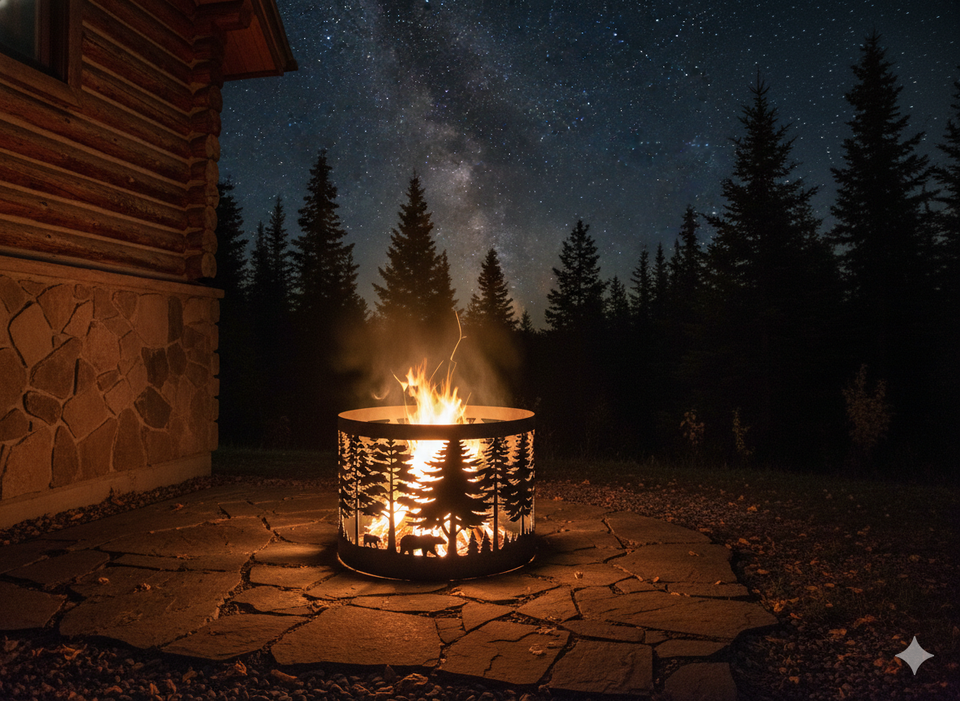 Bear & Eagle in Forest Scene Steel Fire Pit Ring