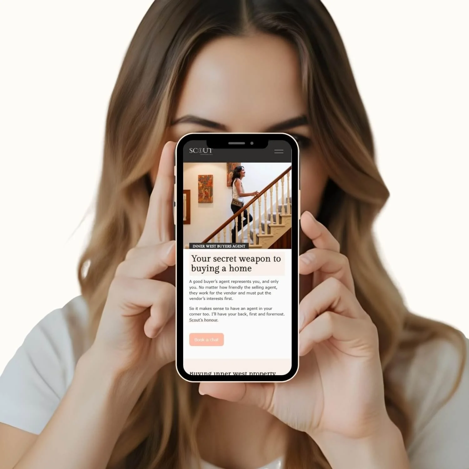 Lady holding mobile showing website deign by Reflx Designs cream bgd.jpg