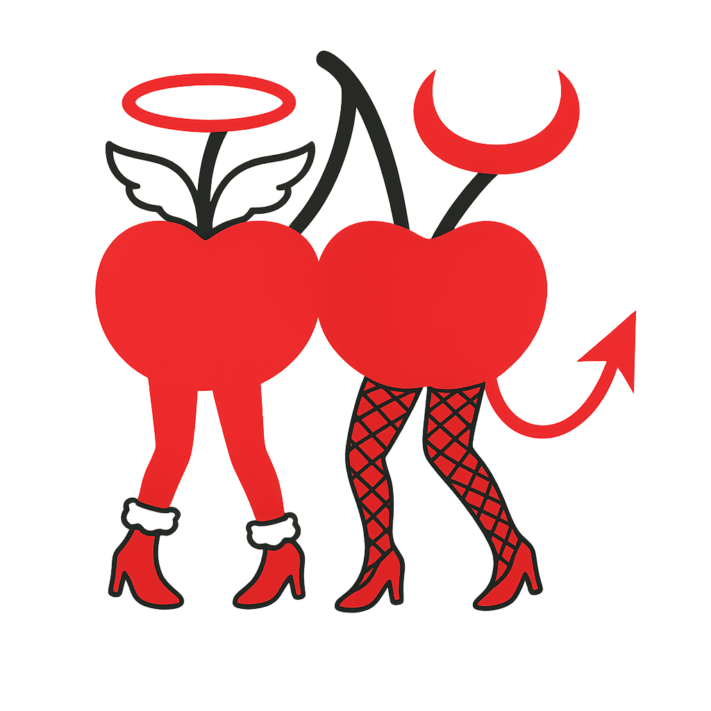 Cartoon illustration of two cherries with human-like legs, wearing high heels, one with a halo and wings, and the other with horns, fishnet stockings, and devil horns.