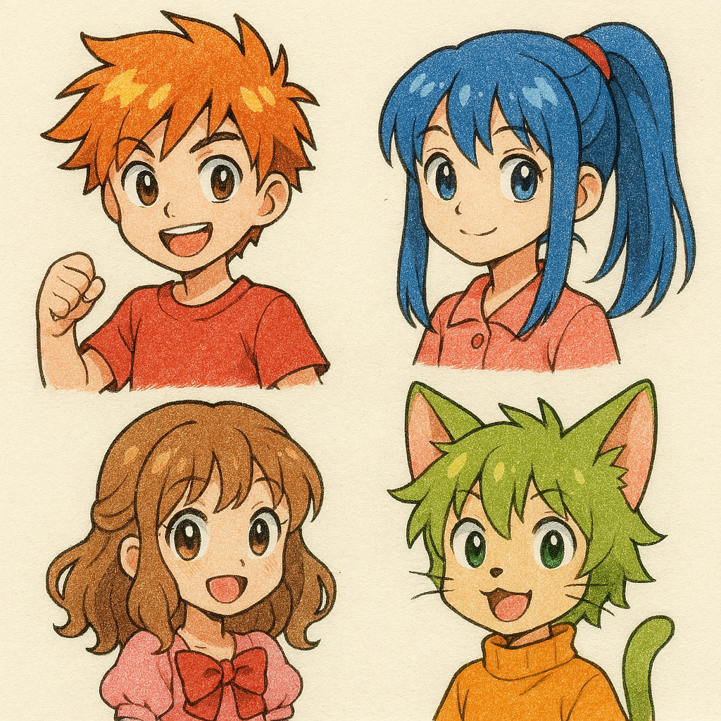 Anime-style character development & designs showing different hairstyles, expressions, and personalities created at the Heart of Art studio in Hamilton, NJ