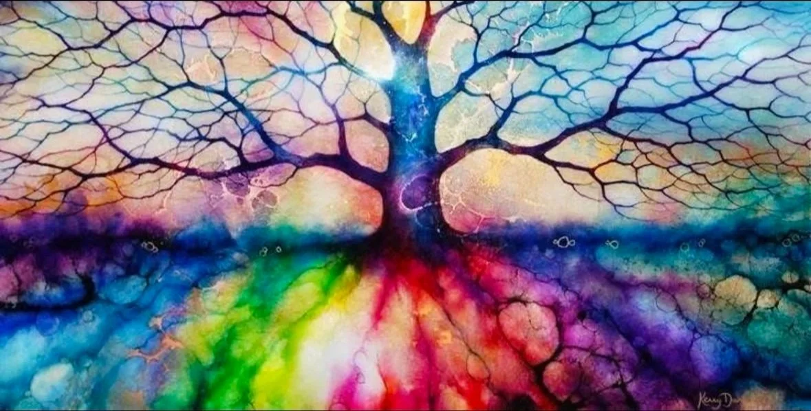 watercolor of a silhouetted tree with vibrant colors bleeding out
