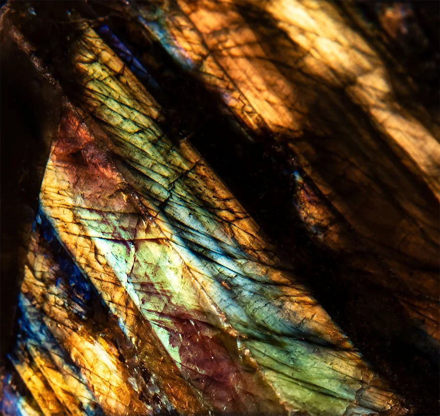 Abstract macro photograph titled Play of Light by Nahid Naderi, showing intricate textures illuminated by a dynamic interplay of golden, green, and blue light.