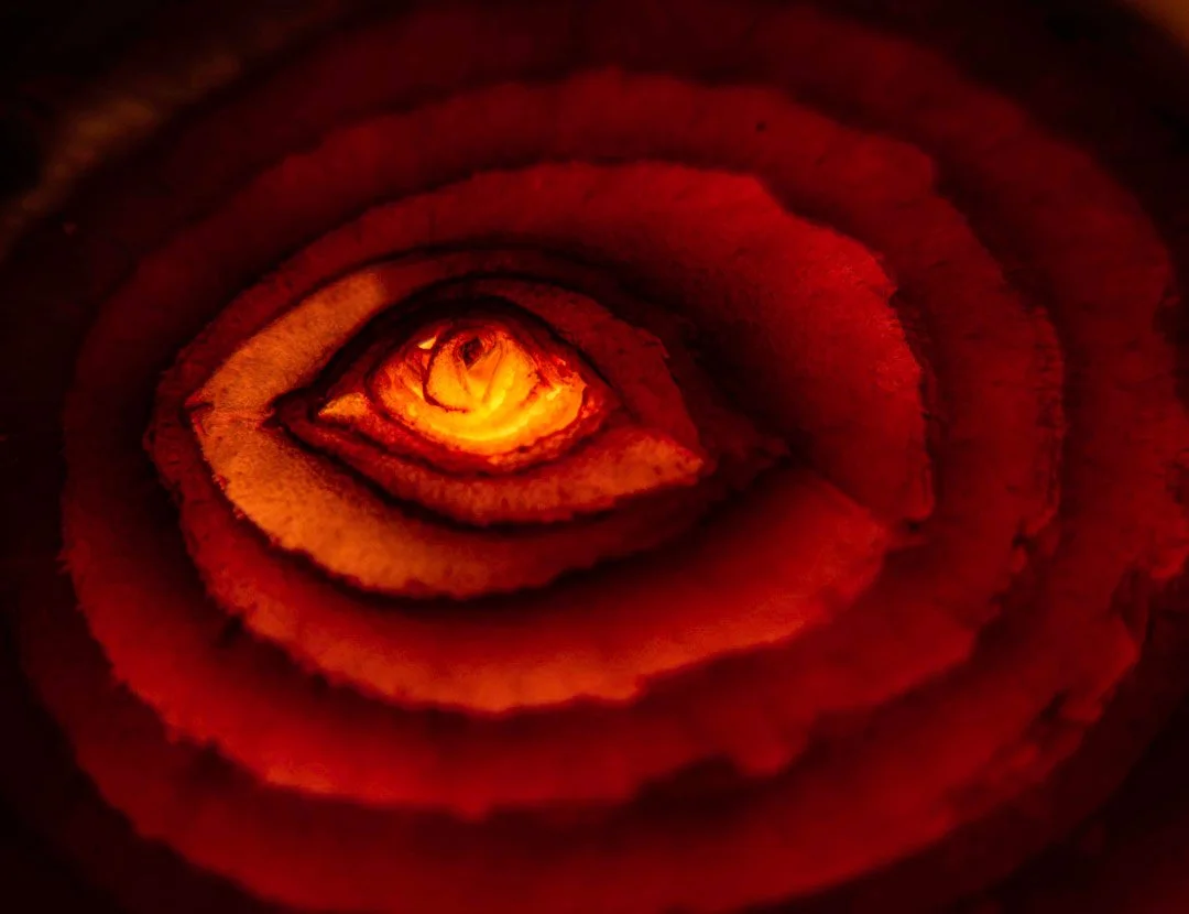 A mystery surreal macro photograph of an abstract eye with deep red tones and intricate textures.