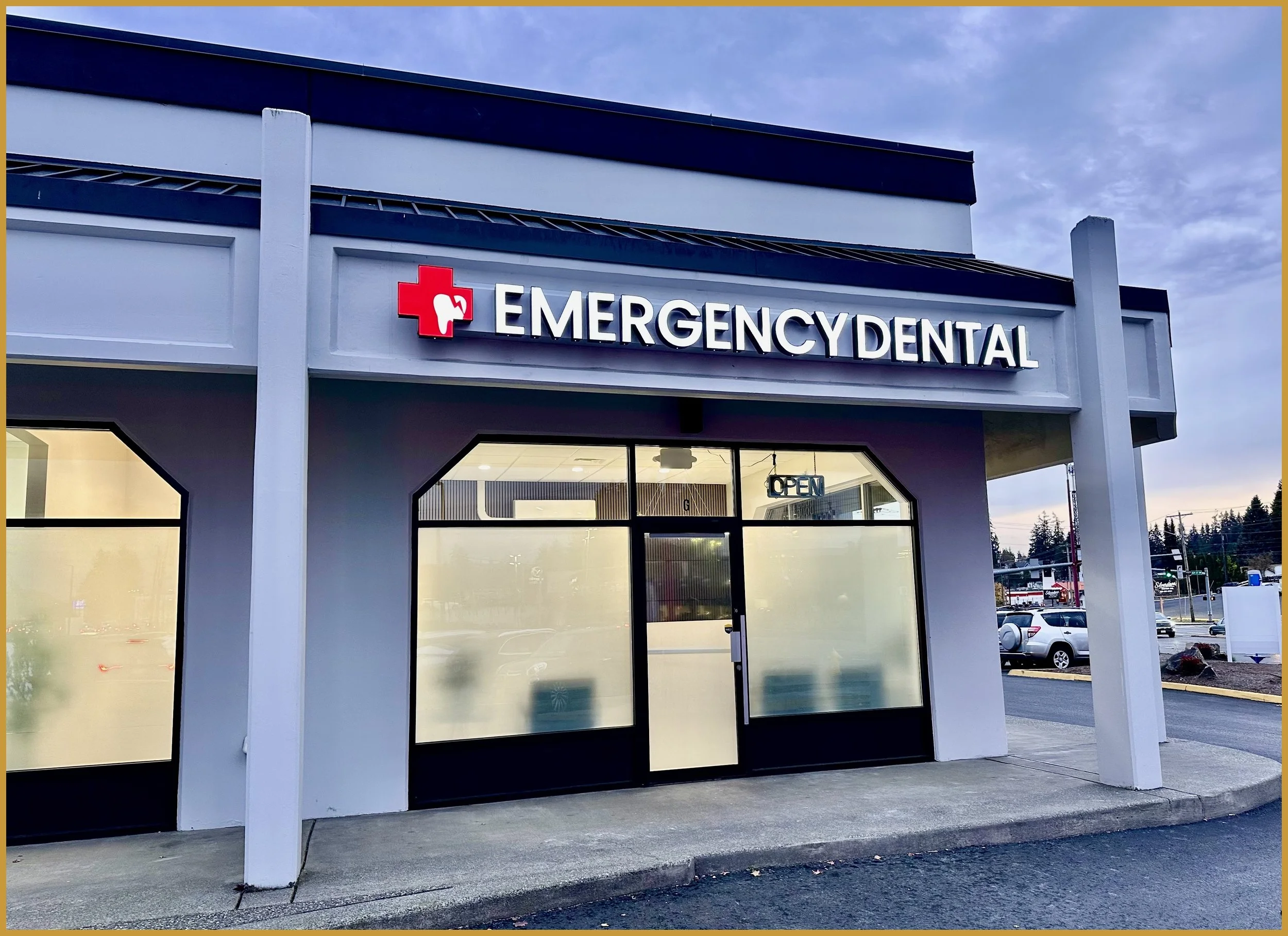 Prime Emergency Dental office exterior in Edmonds WA — Emergency Dental sign lit and open