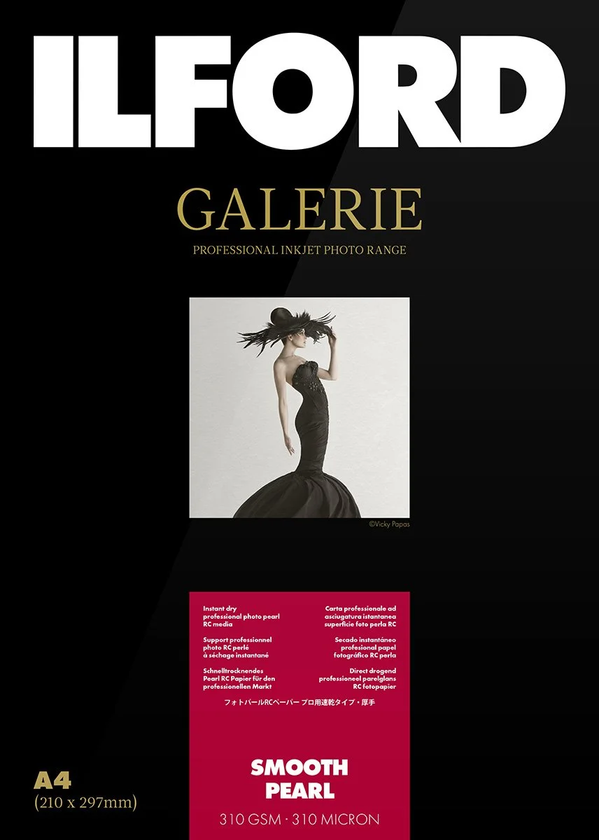Product packaging for Ilford Galerie professional inkjet photo range featuring a stylish woman in a black dress and hat, promoting smooth pearl paper, size A4, 310 GSM.