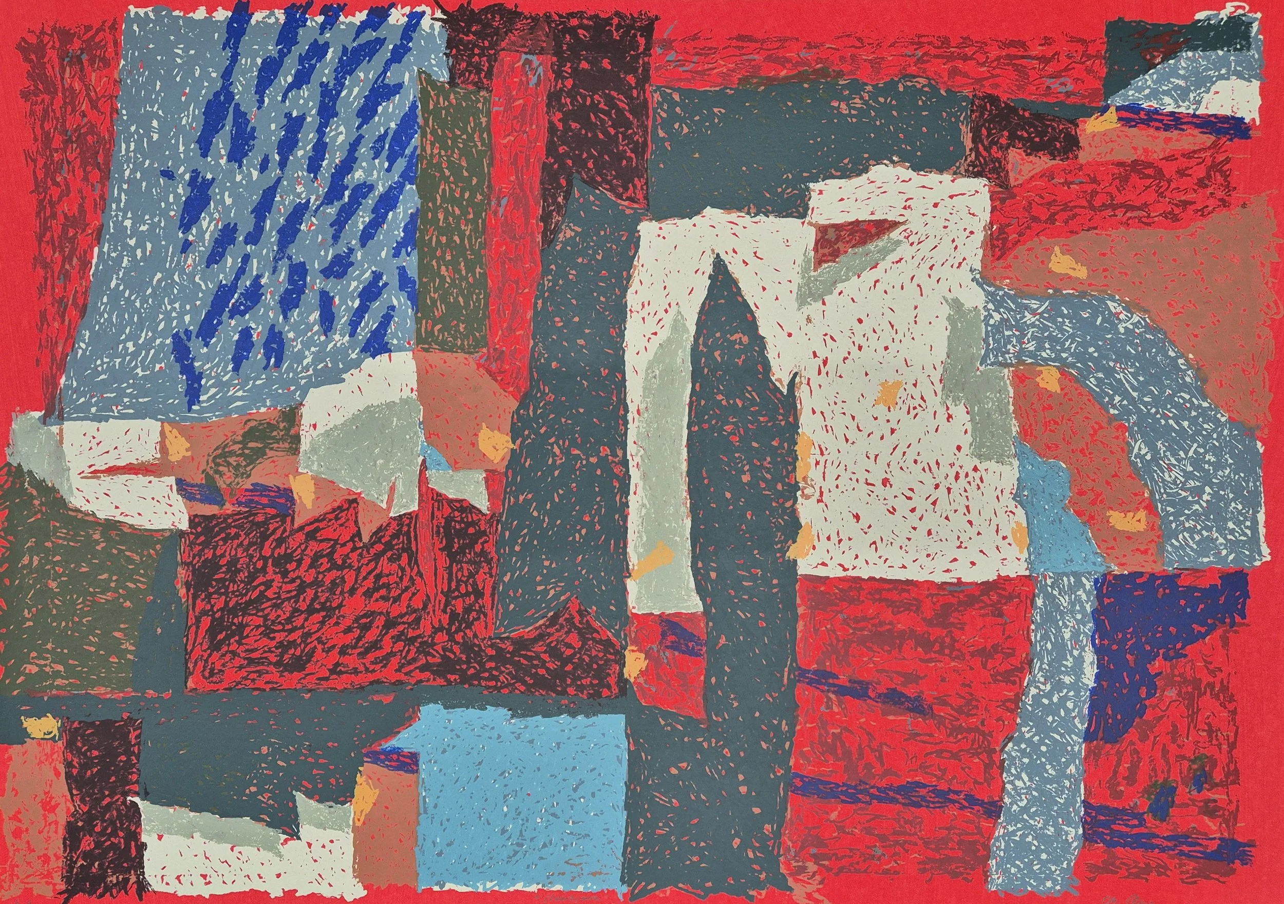 Abstrakt maleri med røde, blå, grønne, hvite og gule geometriske former og teksturer.