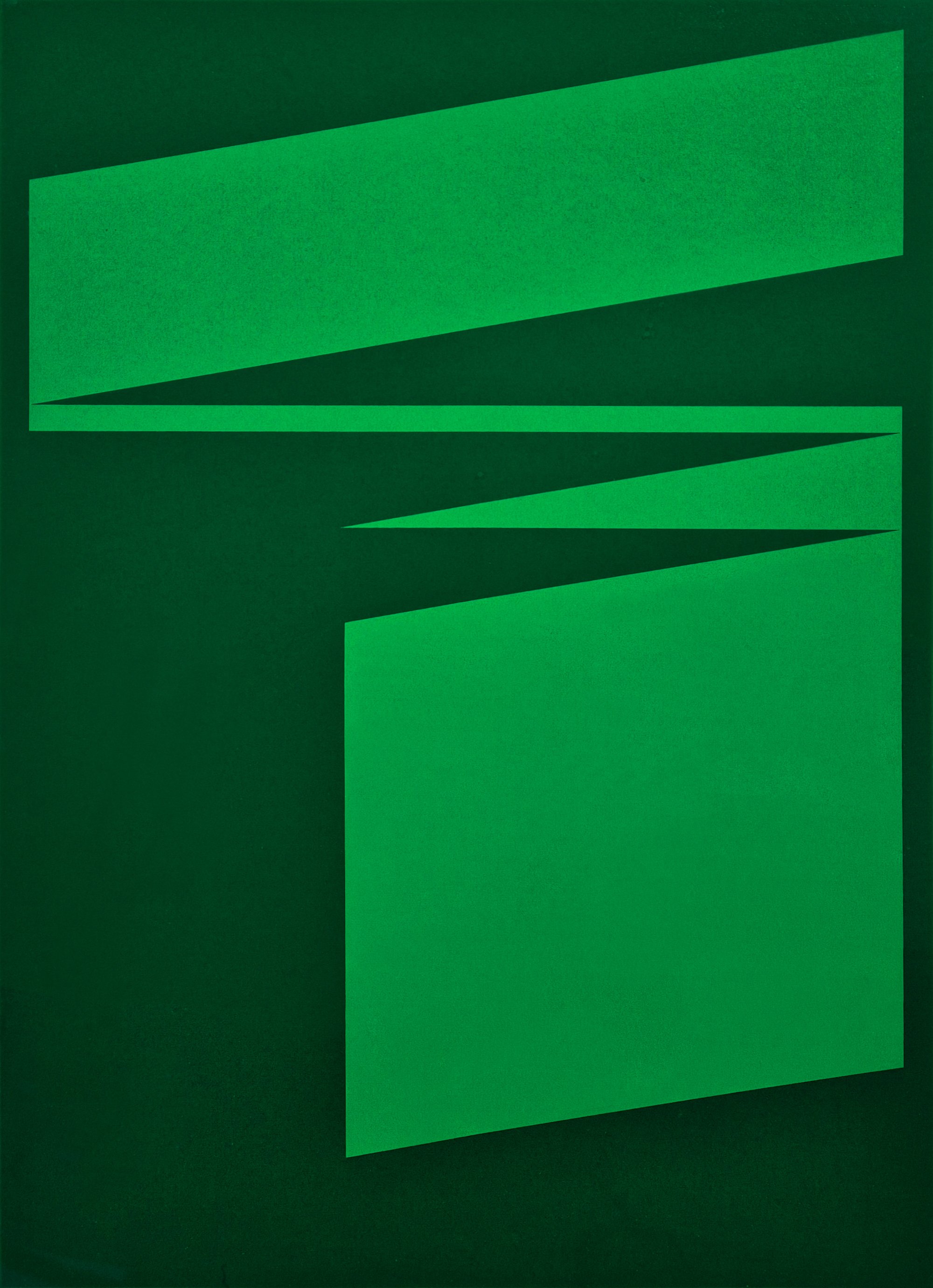 Abstrakt kunstverk med grønne geometriske former og skygger mot mørk grønn bakgrunn.