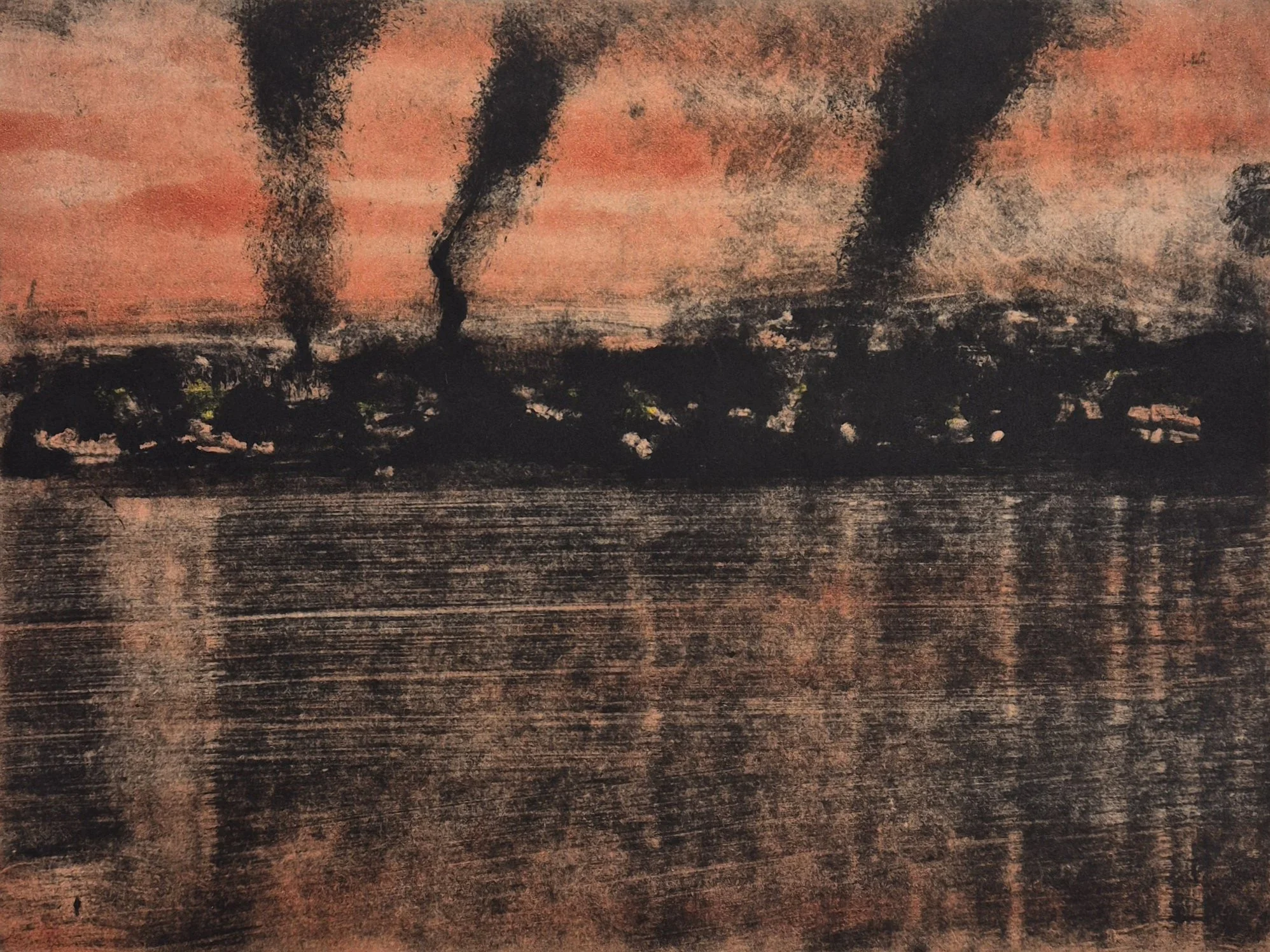 Dette er et maleri som viser en landskapsscene med en vannoverflate i forgrunnen, og røyksøyler som stiger opp i bakgrunnen mot en rosa og oransje himmel.