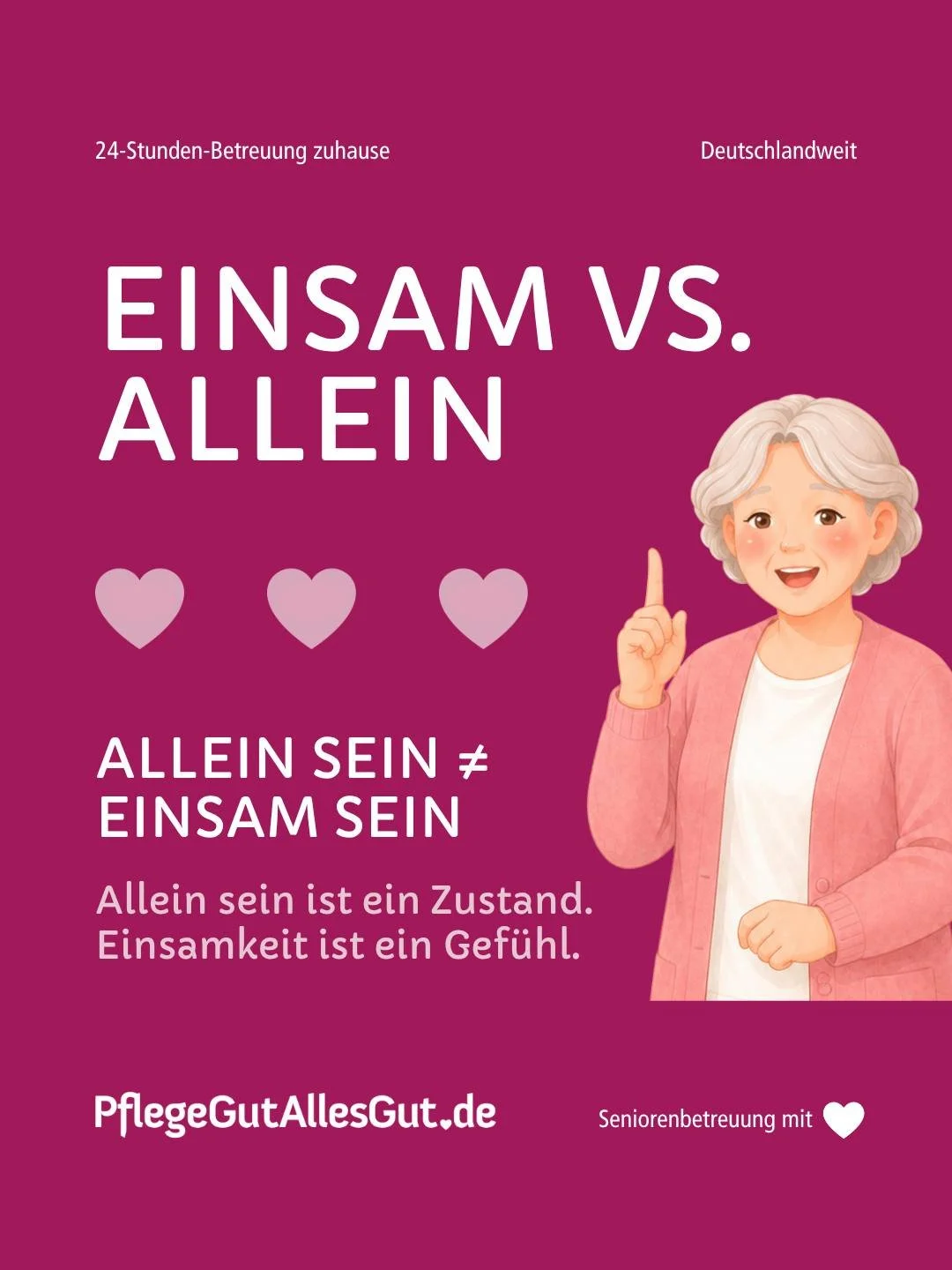 Einsamkeit und Allein sein werden oft verwechselt, dabei sind sie grundverschieden! 🤍

Allein sein kann guttun.
Einsamkeit kann entstehen, wenn soziale Kontakte oder Austausch fehlen.

Und das kann jeden treffen.
Nicht nur im Alter, sondern auch mit