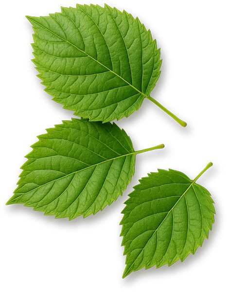 Drei grüne, gezackte Blätter, auf weißem Hintergrund.