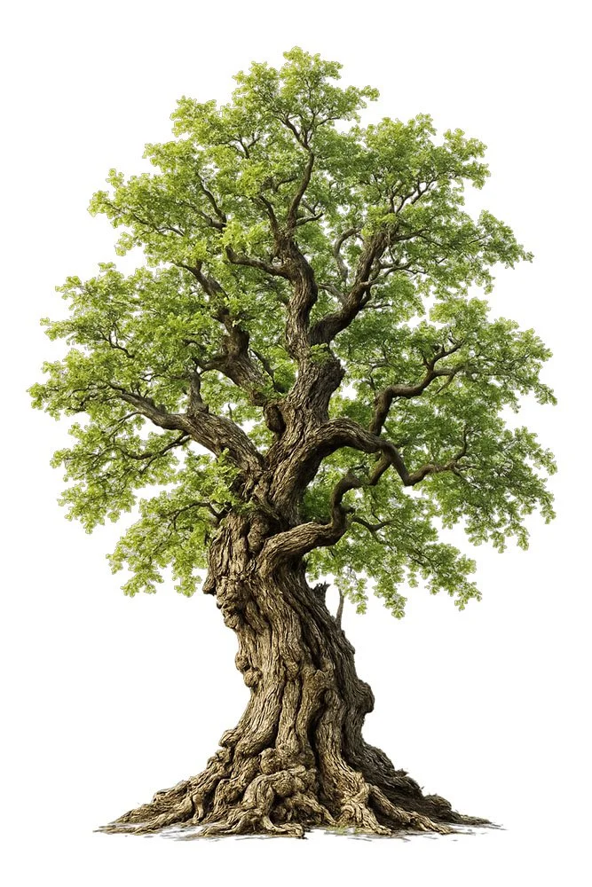 Ein alter Baum mit dickem, knorrigem Stamm und vielen grünen Blättern.