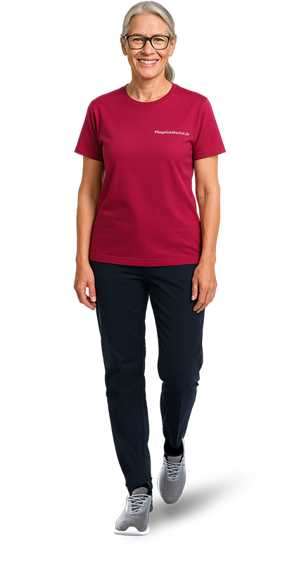 Eine Betreuerin von PGAG in sportlicher Kleidung, die vor einem transparenten Hintergrund steht