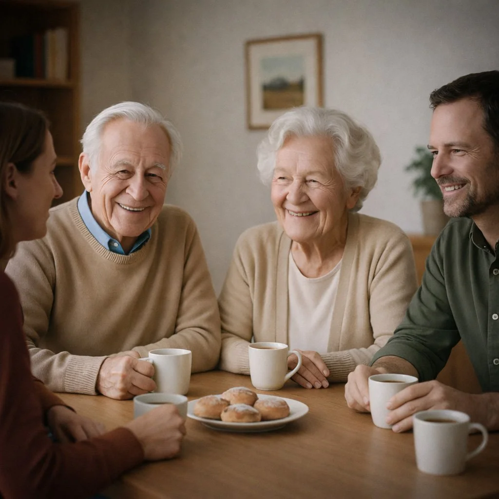 Fünf Personen sitzen um einen Holztisch und trinken Kaffee. Auf dem Tisch liegen ein Teller mit Keksen. Es sind zwei ältere Frauen, ein älterer Mann und zwei jüngere Erwachsene, die fröhlich lachen und miteinander sprechen.