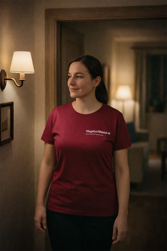 Junge Frau steht in einem Raum mit warmem Licht, trägt ein rotes T-Shirt mit Text auf der Brust, dunkle Haare, schaut nach links, im Hintergrund bemerkt man einen s/w-Foto und eine Lampe