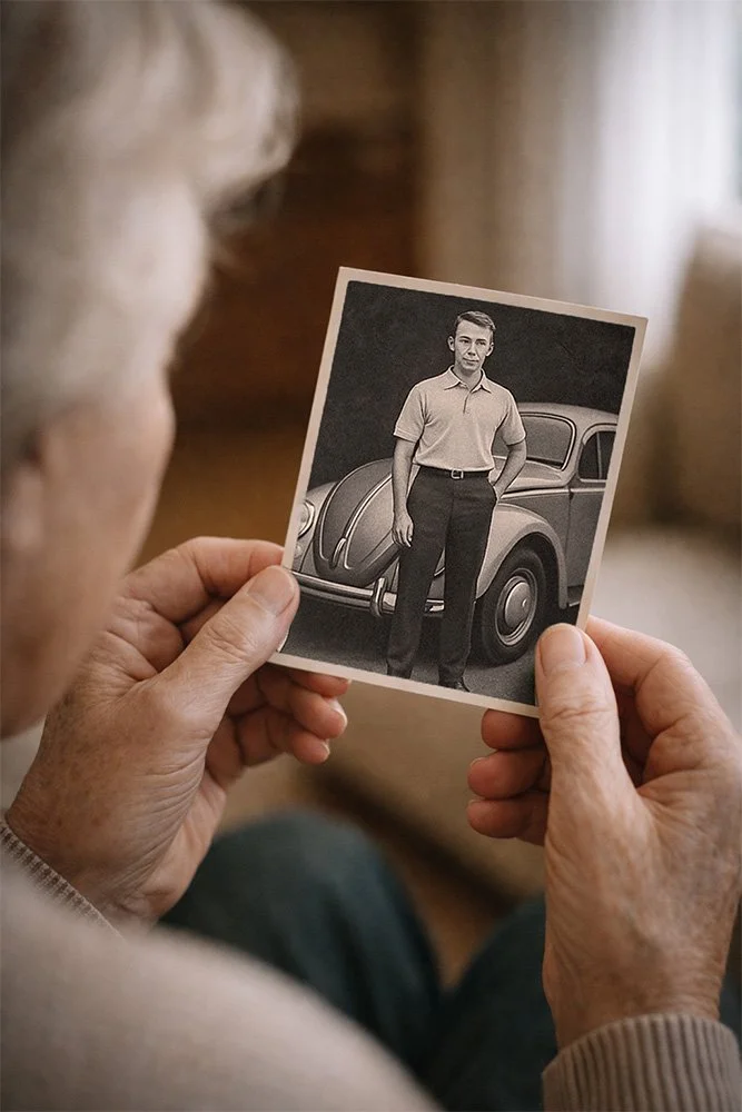 Person betrachtet ein Schwarz-Weiß-Foto eines jungen Mannes, der vor einem klassischen Auto steht.
