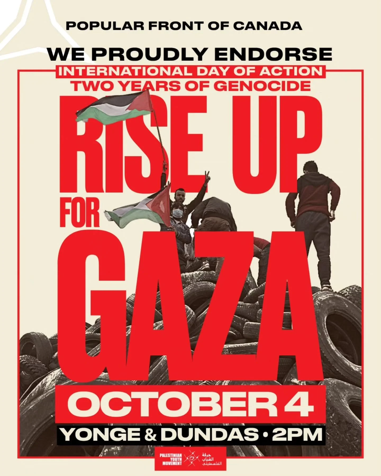 The Popular Front of Canada is proud to endorse @pymtoronto and their Two Years of Genocide: Rise Up for Gaza protest on Saturday October 4th.

Two years ago, the Israeli regime inadvertently split open the foundations of Canadian society. 

To prote