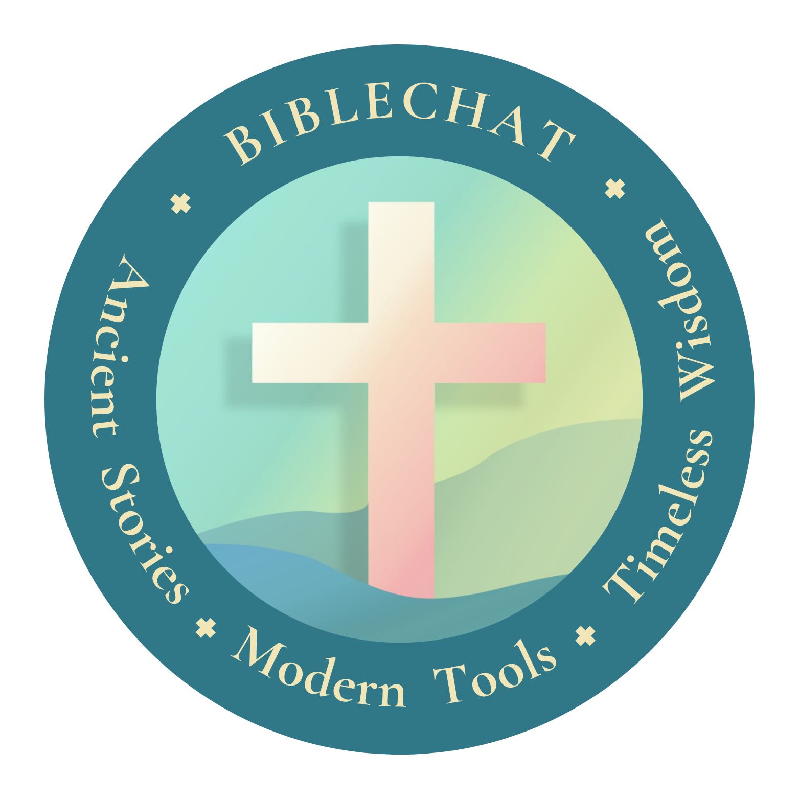 Circular logo featuring a cross in the center with the text 'BIBLECHAT' above. Surrounding the cross are the words 'Ancient Stories,' 'Modern Tools,' and 'Timeless Wisdom.'