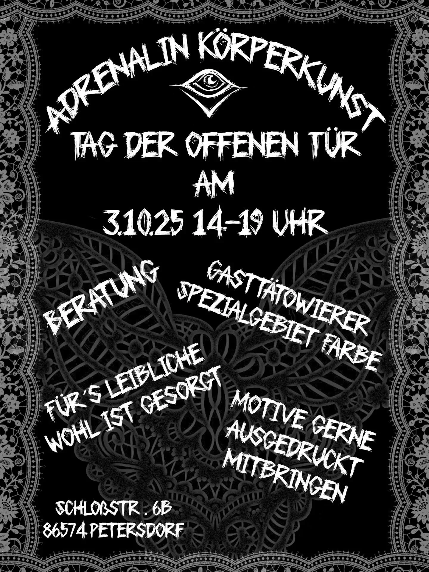 Einladung zum Tag der offenen Tür am 3.10.25 von 14 bis 19 Uhr!
Mein Gasttätowierer @laszlo_tattoo  (spezialisiert auf farbige Tattoos) und ich beraten euch sehr gerne!
Bringt eure Ideen einfach ausgedruckt auf Papier mit.
Fü