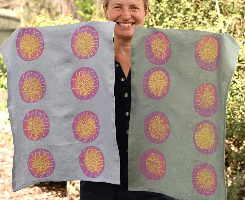 Grevillea Linocut Handprinted Tea Towel