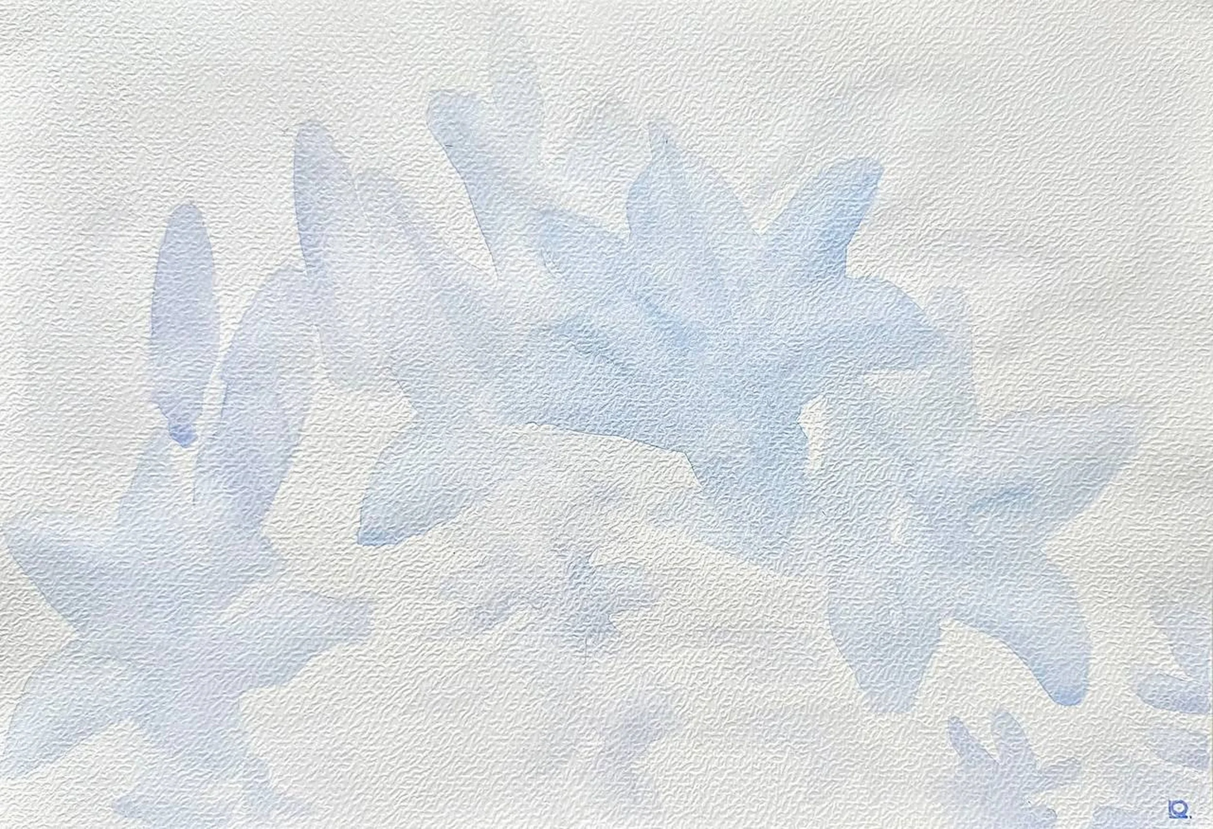 A light-colored textured background with faint, large, abstract watercolor-like brushstrokes in shades of blue.
