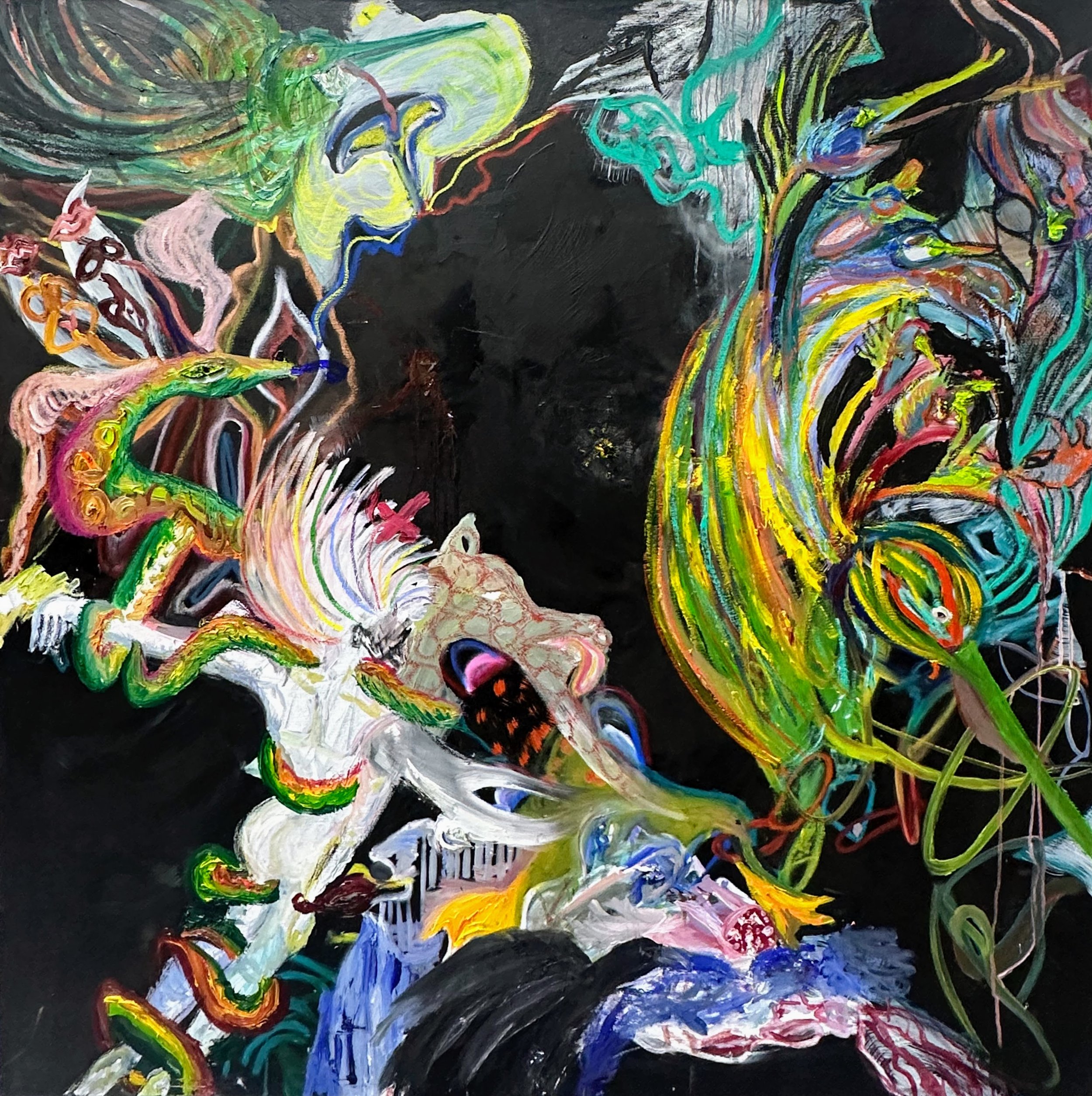 The Greedy Hummingbird - Oil Paint, Oil Pastels and Acrylic Gesso on Canvas - 120 x 120 cm - Buenos Aires, Argentina - 2024
