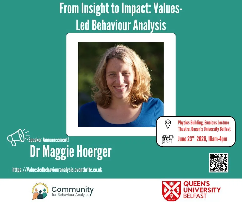 Introducing the next speaker! Dr Maggie Hoerger!
Maggie&rsquo;s talk will focus on the UK-SBA ethics code, and the competence model to train behaviour analysts in a values based approach.