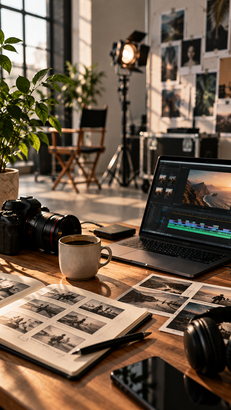 Creative production studio with camera, editing laptop, storyboard, headphones and coffee on a wooden desk.