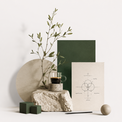 Minimalist arrangement with a branch in a glass cup, a sketch on paper, geometric shapes, and natural stones on a white background.