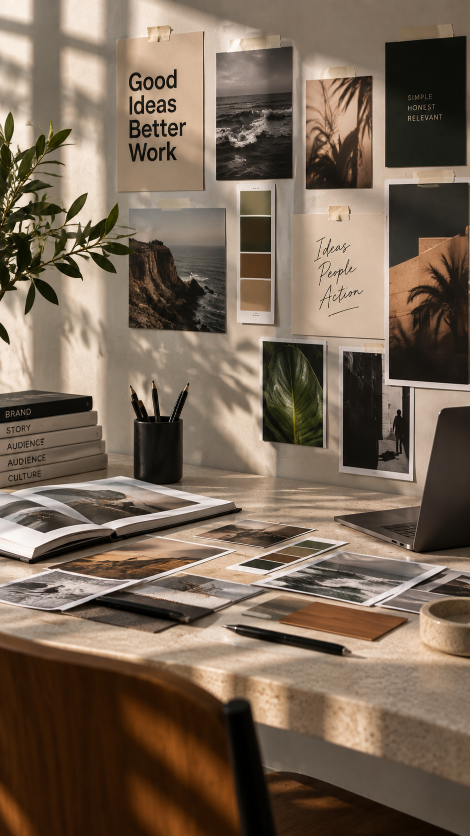 Creative direction moodboard with campaign imagery, colour references, brand notes and visual ideas in a minimalist studio.