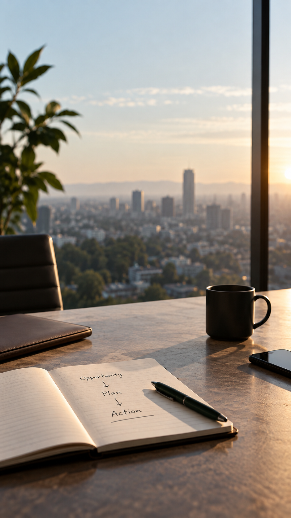 Business development workspace overlooking a city skyline, with notes mapping opportunity, plan and action.