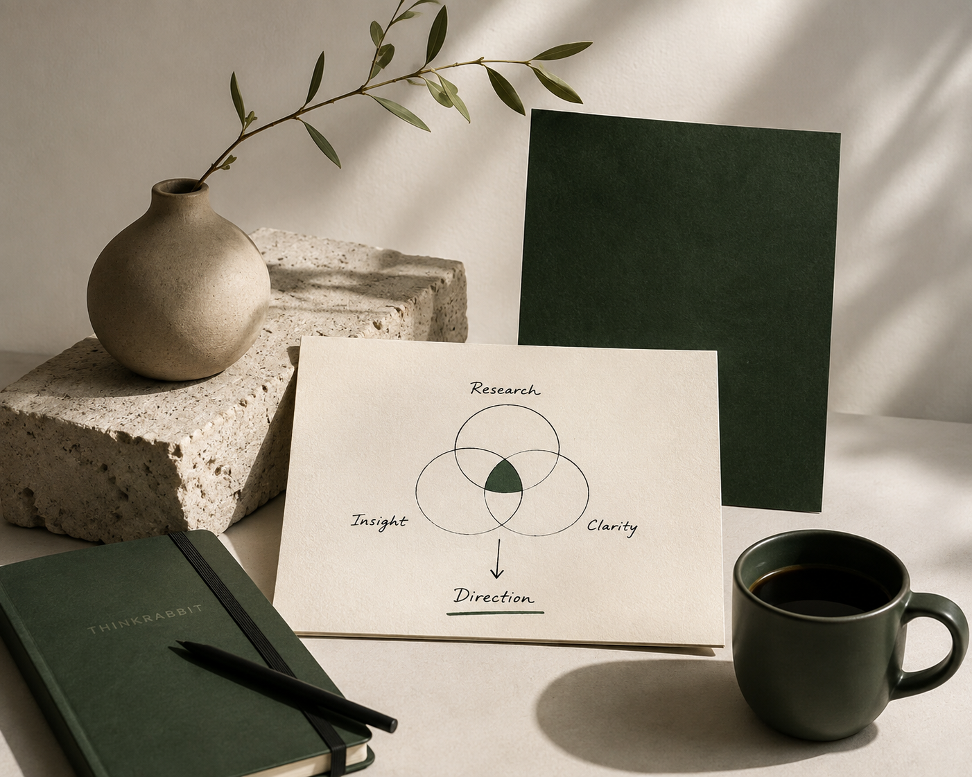Minimal research and diagnosis still life with notes, overlapping circles, a notebook and coffee on a neutral desk.
