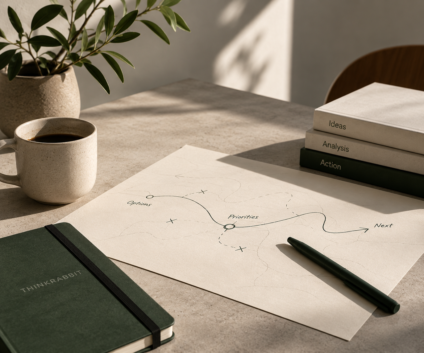 Minimal strategy workspace with coffee, notebook, planning notes and a hand-drawn route from options to next steps.