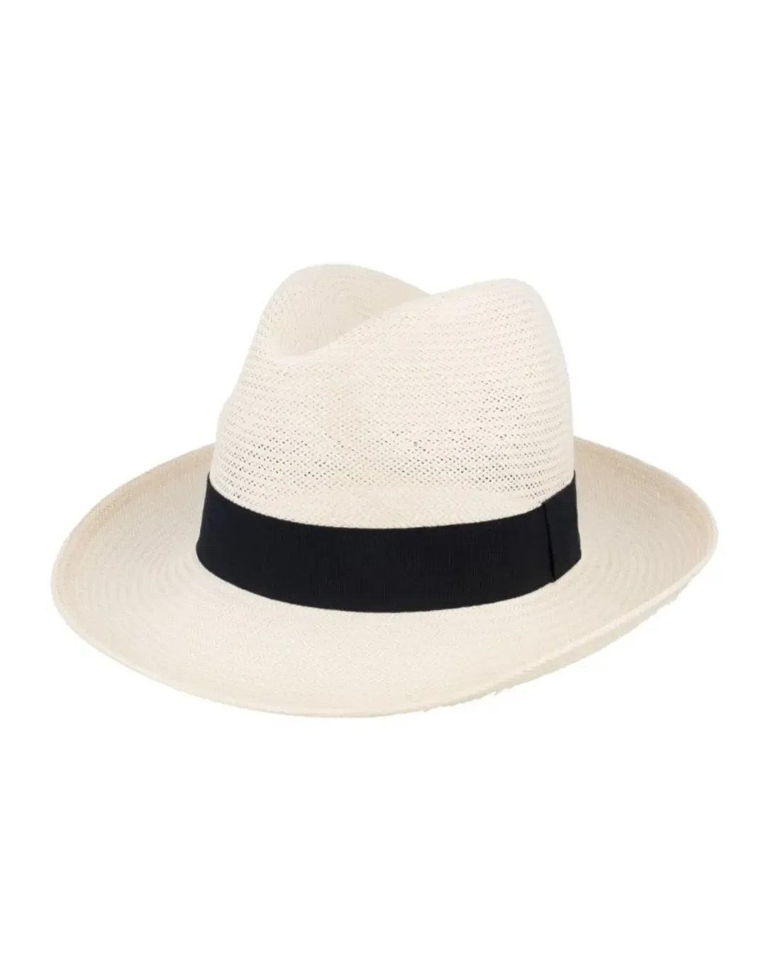 A white woven straw Panama-style hat with a classic black ribbon band, perfect for custom branded corporate gifts and sustainable merchandise by Soli in Cape Town.